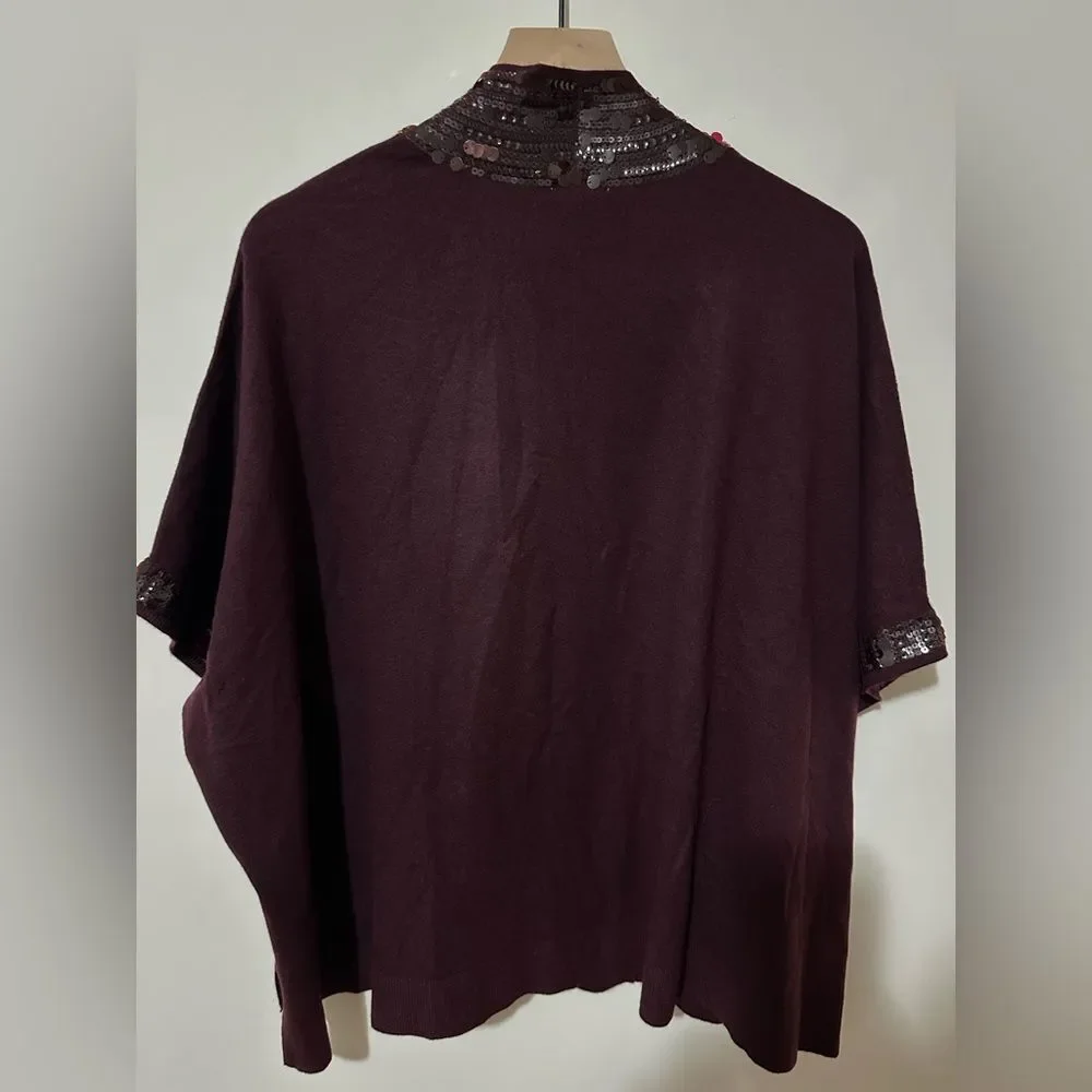 Chico's Sequin Open Front Cardigan S/M Purple‎ Placket Ruana Short Sleeves Bogo